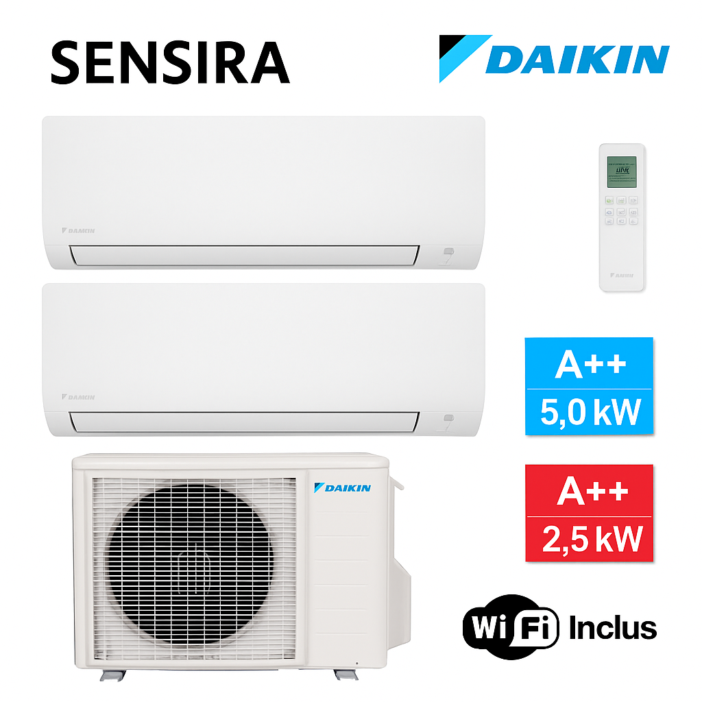 Climatiseur Daikin Bi-Split 5 kW – 2 x 2.5 kW – Réversible, A++/A+++, WiFi inclus